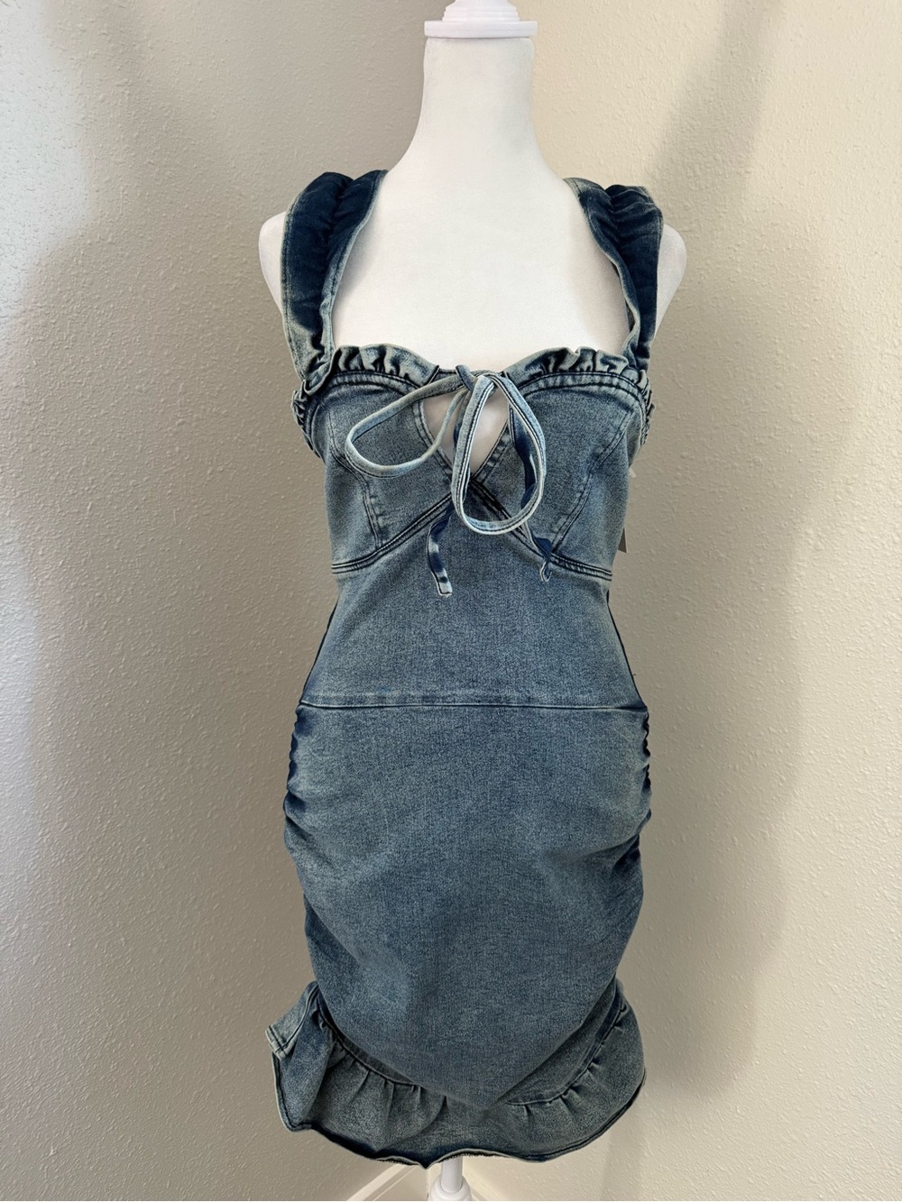 Acid Wash Denim Ruched Corset Ruffle Bodycon Mini Dress One Size NWT